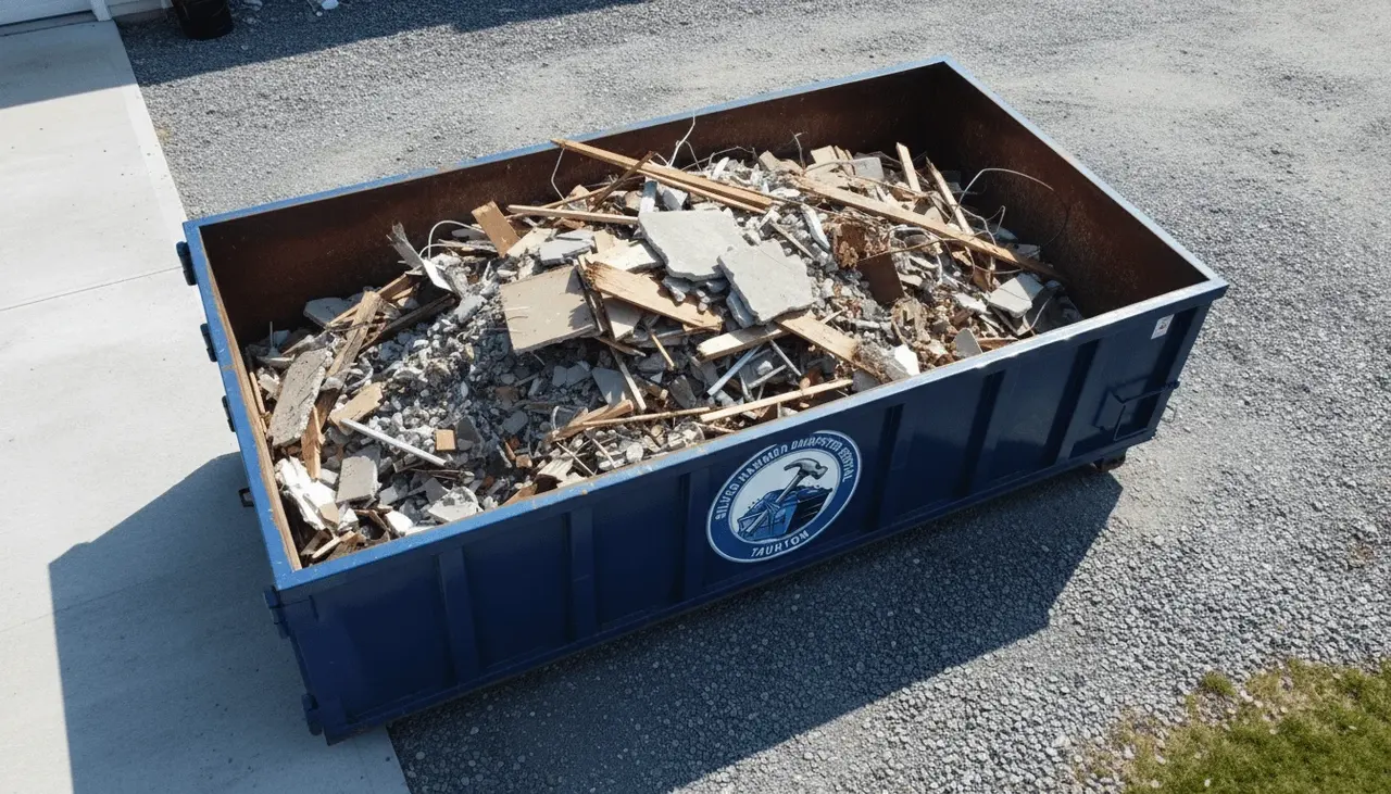 Massachusetts disposal rules and dumpster loading Loaded roll-off container in Taunton, MA